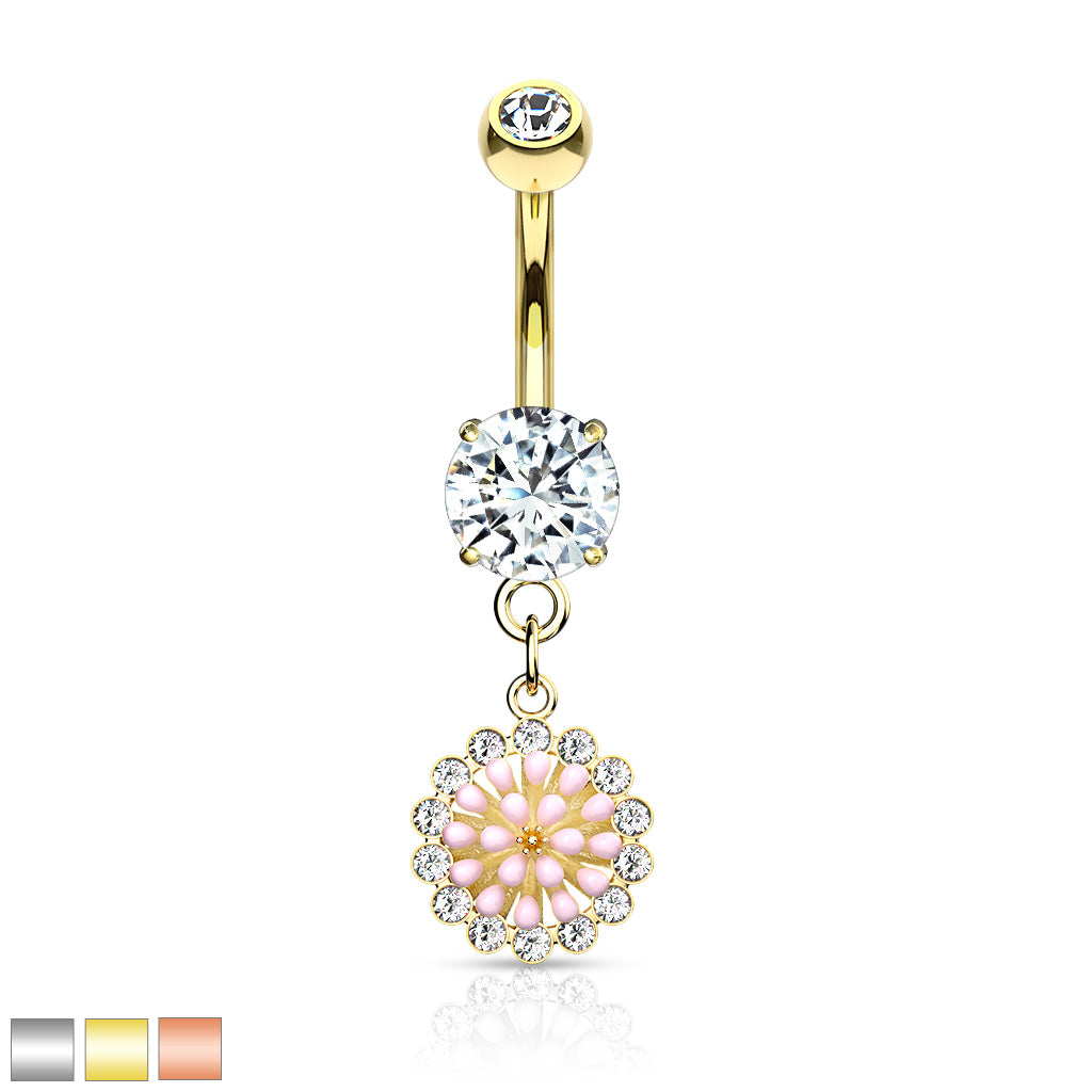316L Surgical Steel Pink Enamel Cluster With CZ Around Dangle Round CZ Set Belly Button Ring - all colors