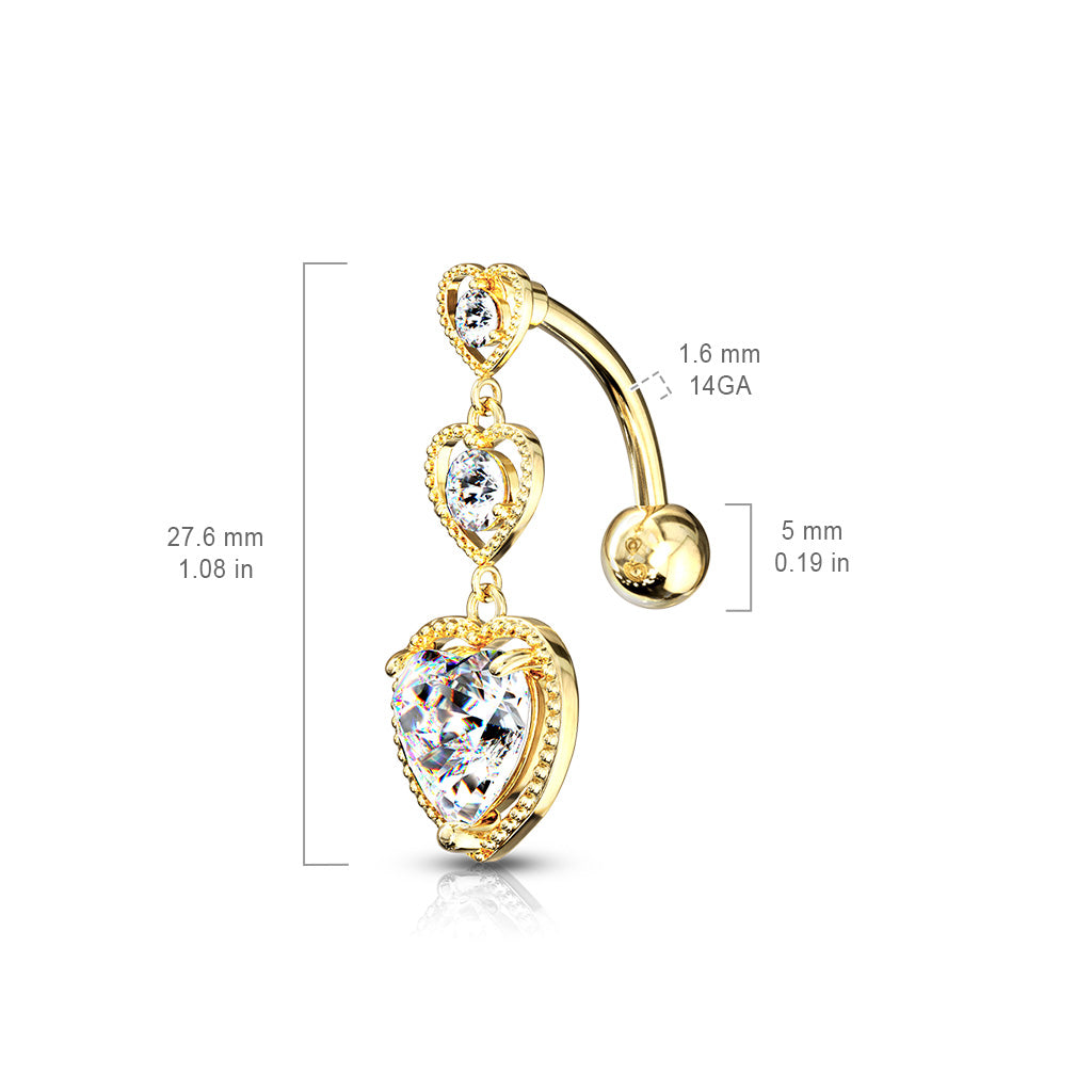 316L Surgical Steel Triple Heart Vertical Drop With Large Heart CZ Bottom Heart Top Drop Belly Button Ring size chart
