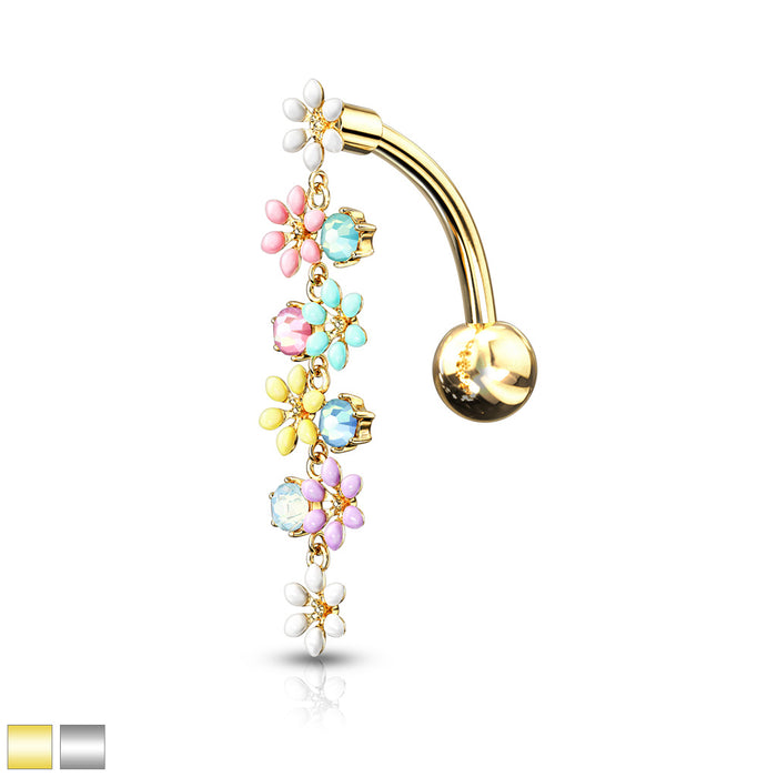 316L Surgical Steel Opalite Crystal And Enamel Flower Top Drop Belly Ring