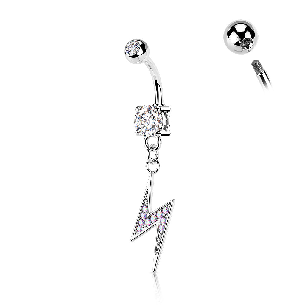 316L Surgical Steel Lightning Bolt Paved With AB CZ Dangle Belly Button Ring - Clear