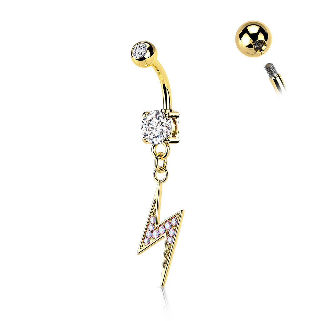 316L Surgical Steel Lightning Bolt Paved With AB CZ Dangle Belly Button Ring - Gold/Clear