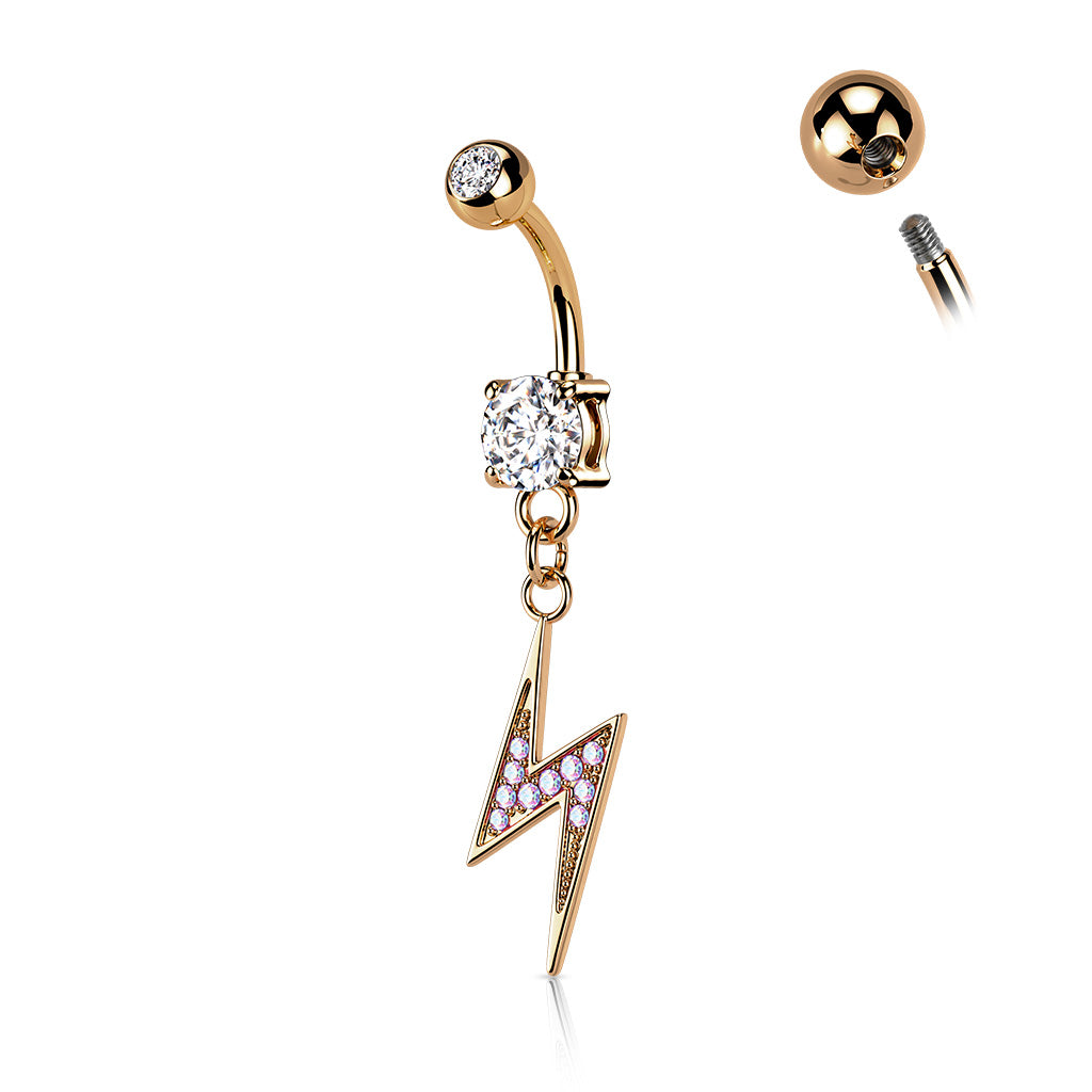 316L Surgical Steel Lightning Bolt Paved With AB CZ Dangle Belly Button Ring - Rose Gold/Clear