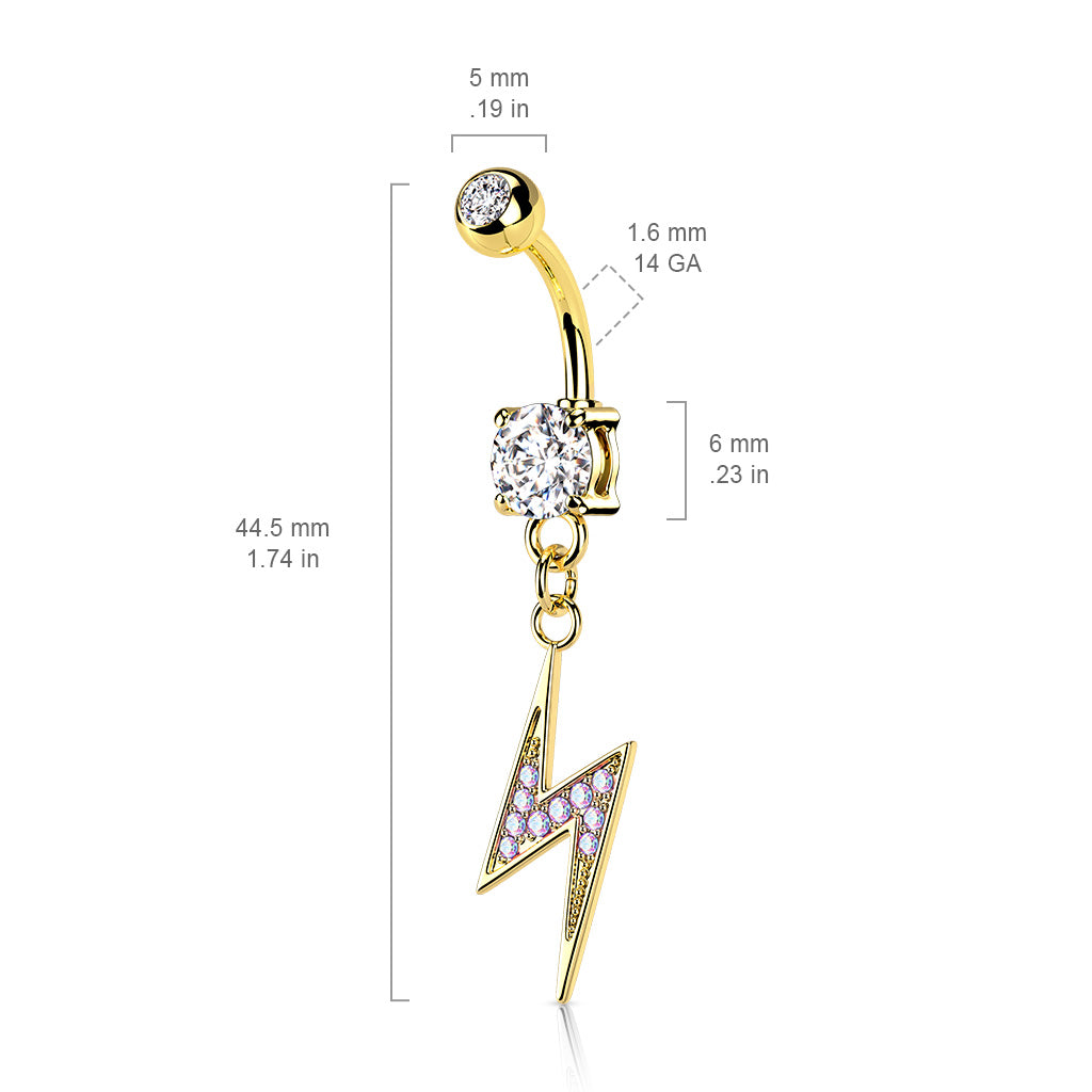 316L Surgical Steel Lightning Bolt Paved With AB CZ Dangle Belly Button Ring size chart