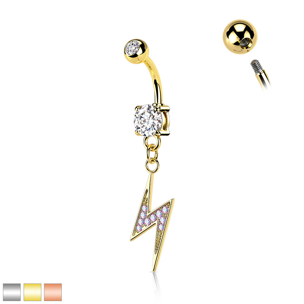 316L Surgical Steel Lightning Bolt Paved With AB CZ Dangle Belly Button Ring - all colors