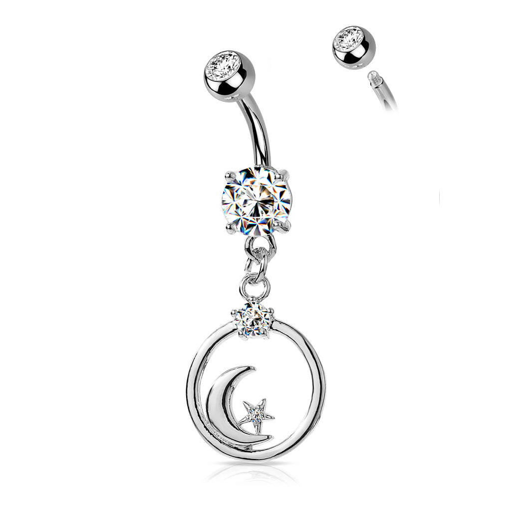 316L Surgical Steel Crescent Moon and CZ Star Dangle Encased in Circle Belly Button Ring - Clear