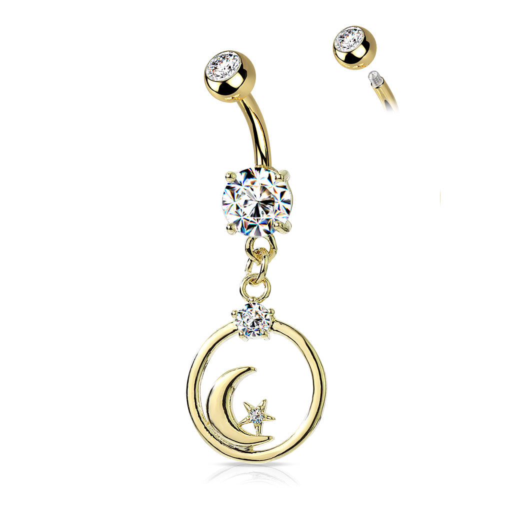 316L Surgical Steel Crescent Moon and CZ Star Dangle Encased in Circle Belly Button Ring - Gold/Clear
