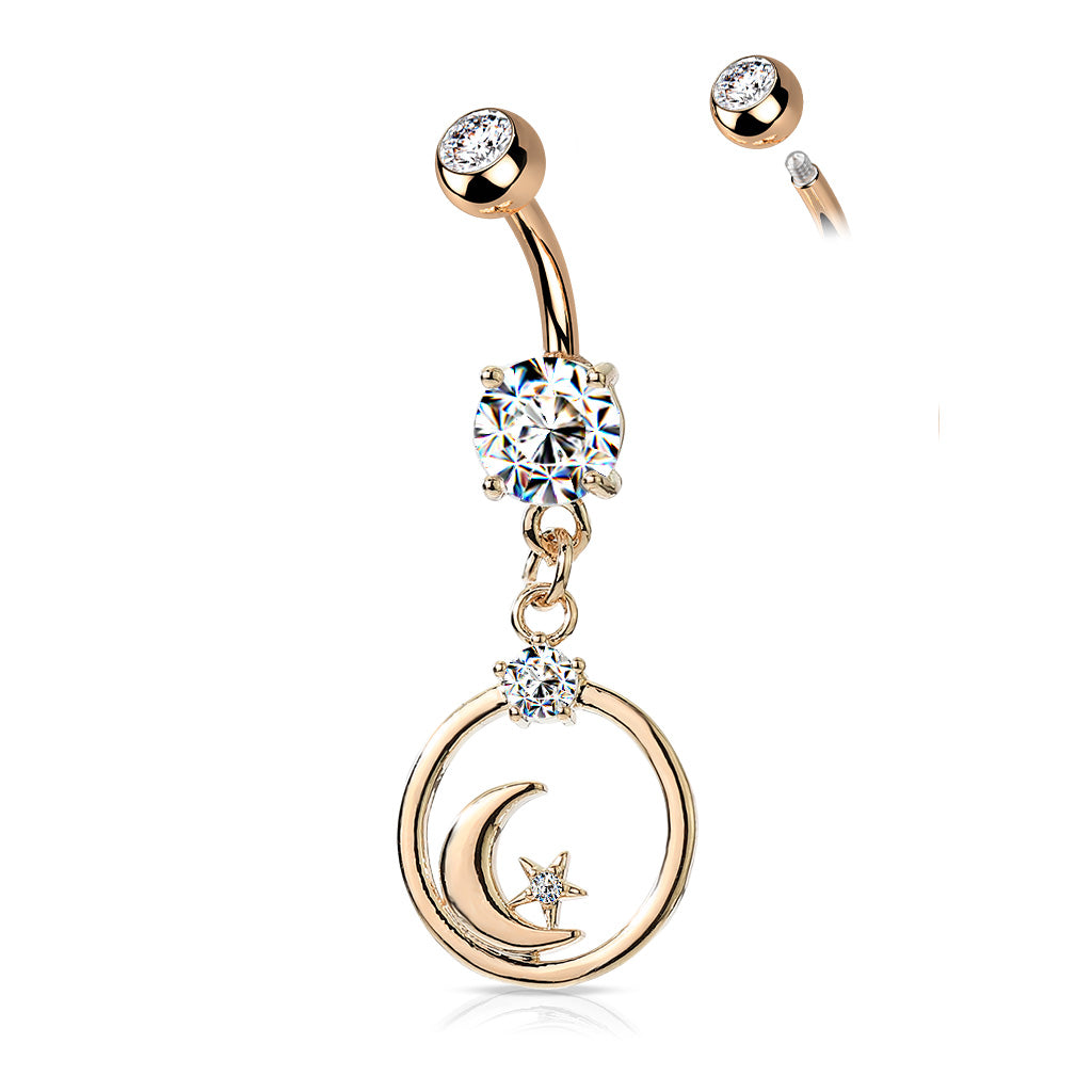 316L Surgical Steel Crescent Moon and CZ Star Dangle Encased in Circle Belly Button Ring - Rose Gold/Clear