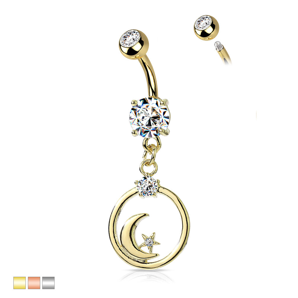 316L Surgical Steel Crescent Moon and CZ Star Dangle Encased in Circle Belly Button Ring - all colors
