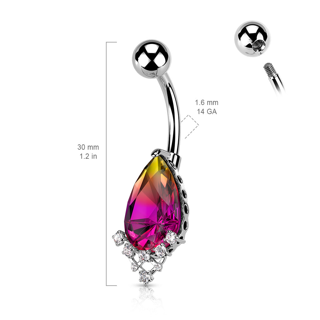 316L Surgical Steel Rainbow Effect Pear Crystal With CZ Prong Set Belly Button Ring size chart