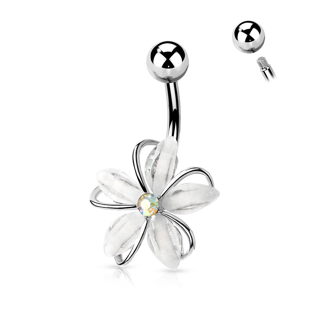 316L Surgical Steel CZ Center Wire Set White Flower Belly Button Ring - Steel
