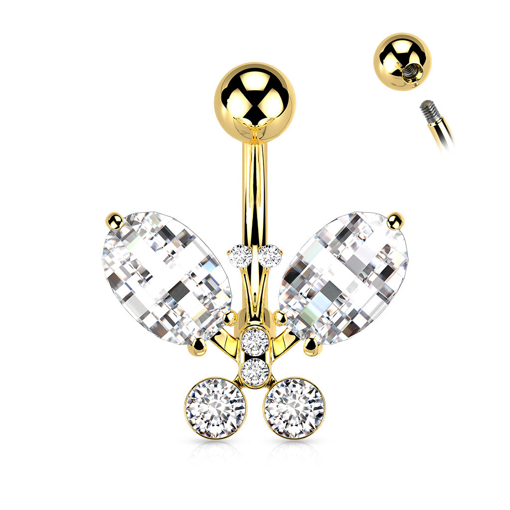 316L Surgical Steel Clear Faceted Crystal Butterfly Belly Button Ring - Gold/Clear