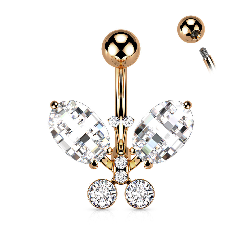 316L Surgical Steel Clear Faceted Crystal Butterfly Belly Button Ring - Rose Gold/Clear