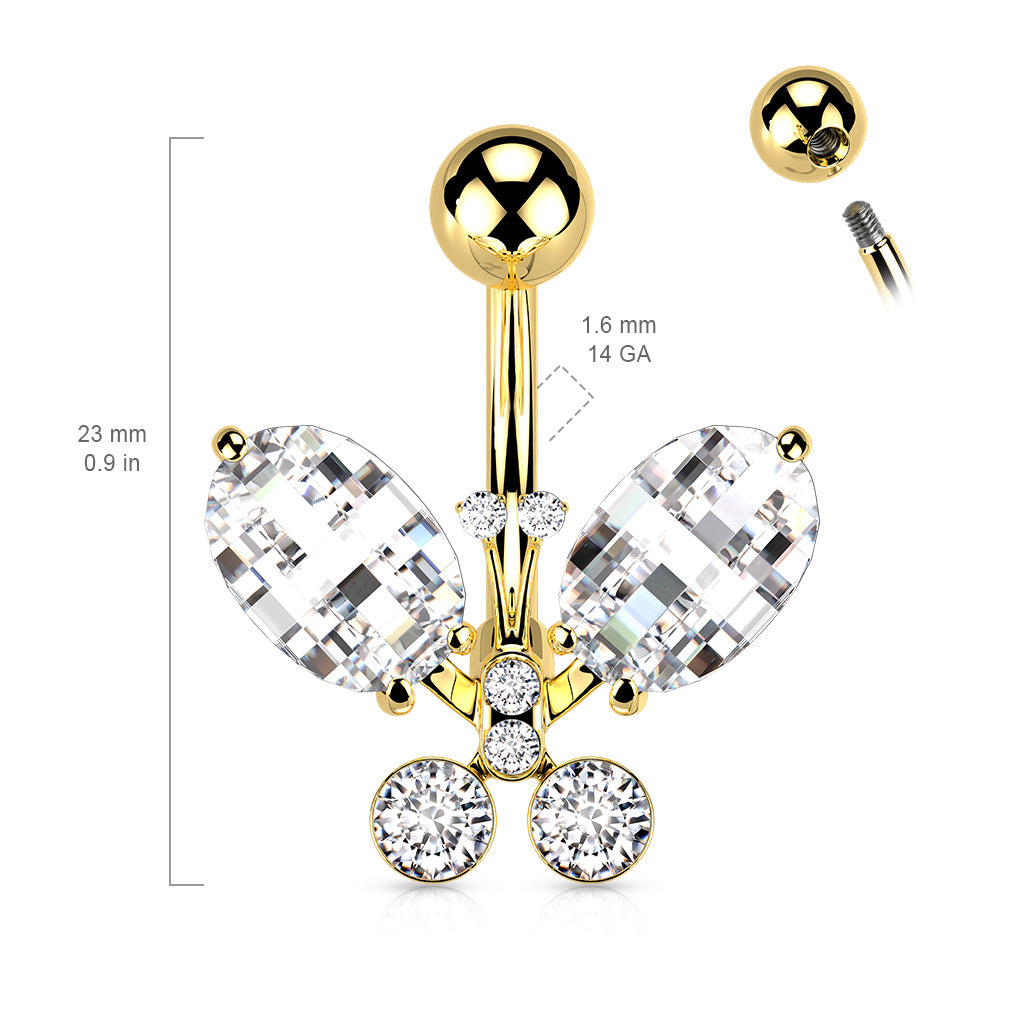 316L Surgical Steel Clear Faceted Crystal Butterfly Belly Button Ring size chart