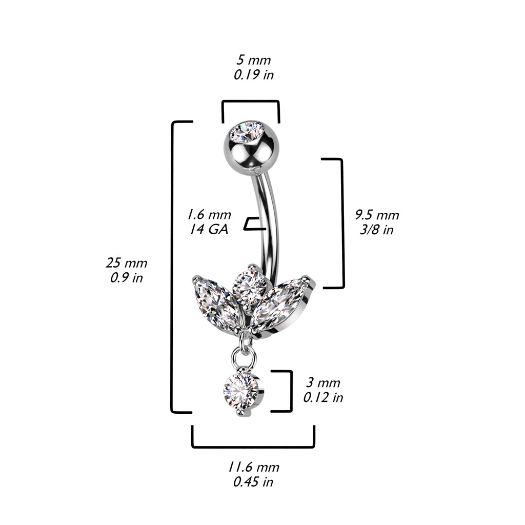 316L Surgical Steel Belly Ring With Marquise CZ Sprout And Small CZ Dangle size chart