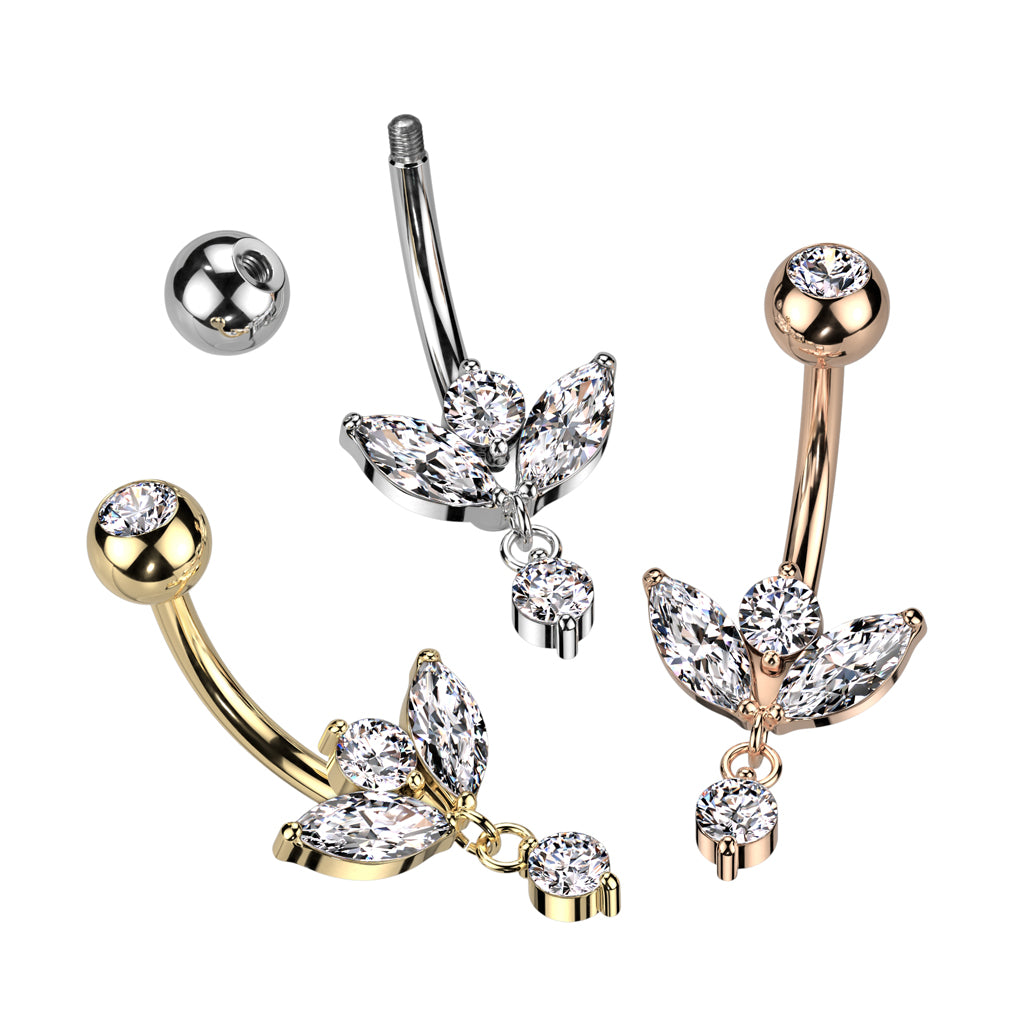 316L Surgical Steel Belly Ring With Marquise CZ Sprout And Small CZ Dangle - all colors