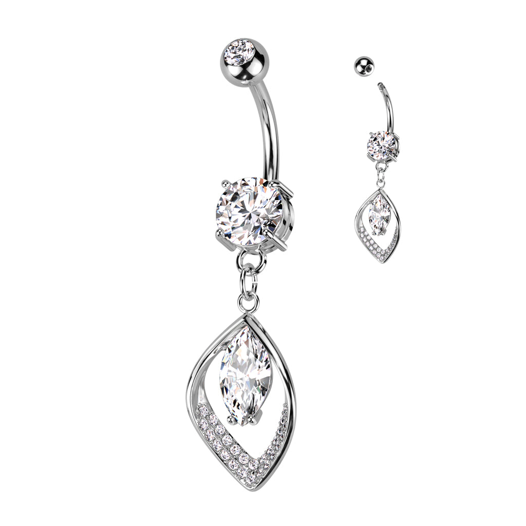 316L Surgical Steel Belly Ring With Hollow CZ Pave Leaf and Marquise CZ Center - Clear