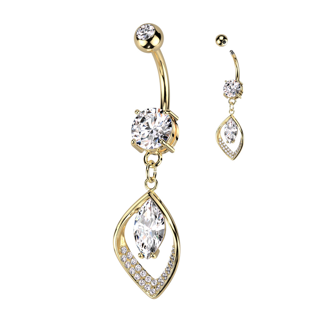 316L Surgical Steel Belly Ring With Hollow CZ Pave Leaf and Marquise CZ Center - Gold/Clear