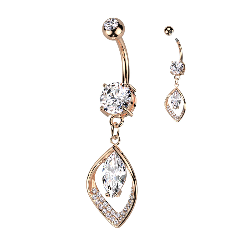 316L Surgical Steel Belly Ring With Hollow CZ Pave Leaf and Marquise CZ Center - Rose Gold/Clear
