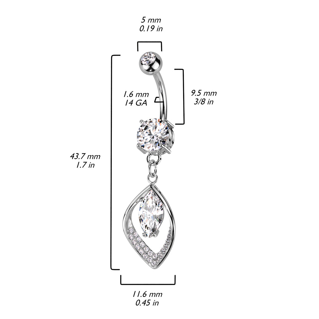316L Surgical Steel Belly Ring With Hollow CZ Pave Leaf and Marquise CZ Center size chart