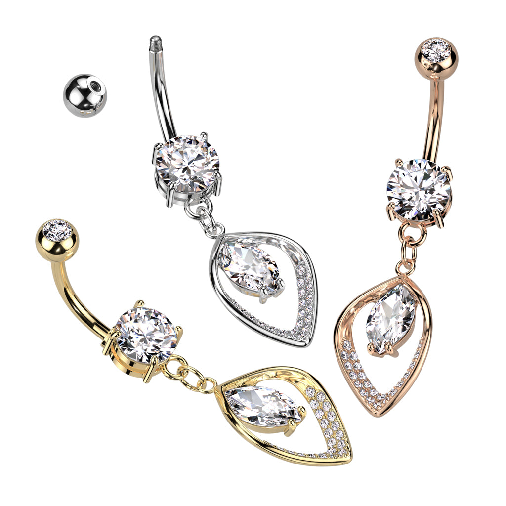 316L Surgical Steel Belly Ring With Hollow CZ Pave Leaf and Marquise CZ Center - all colors