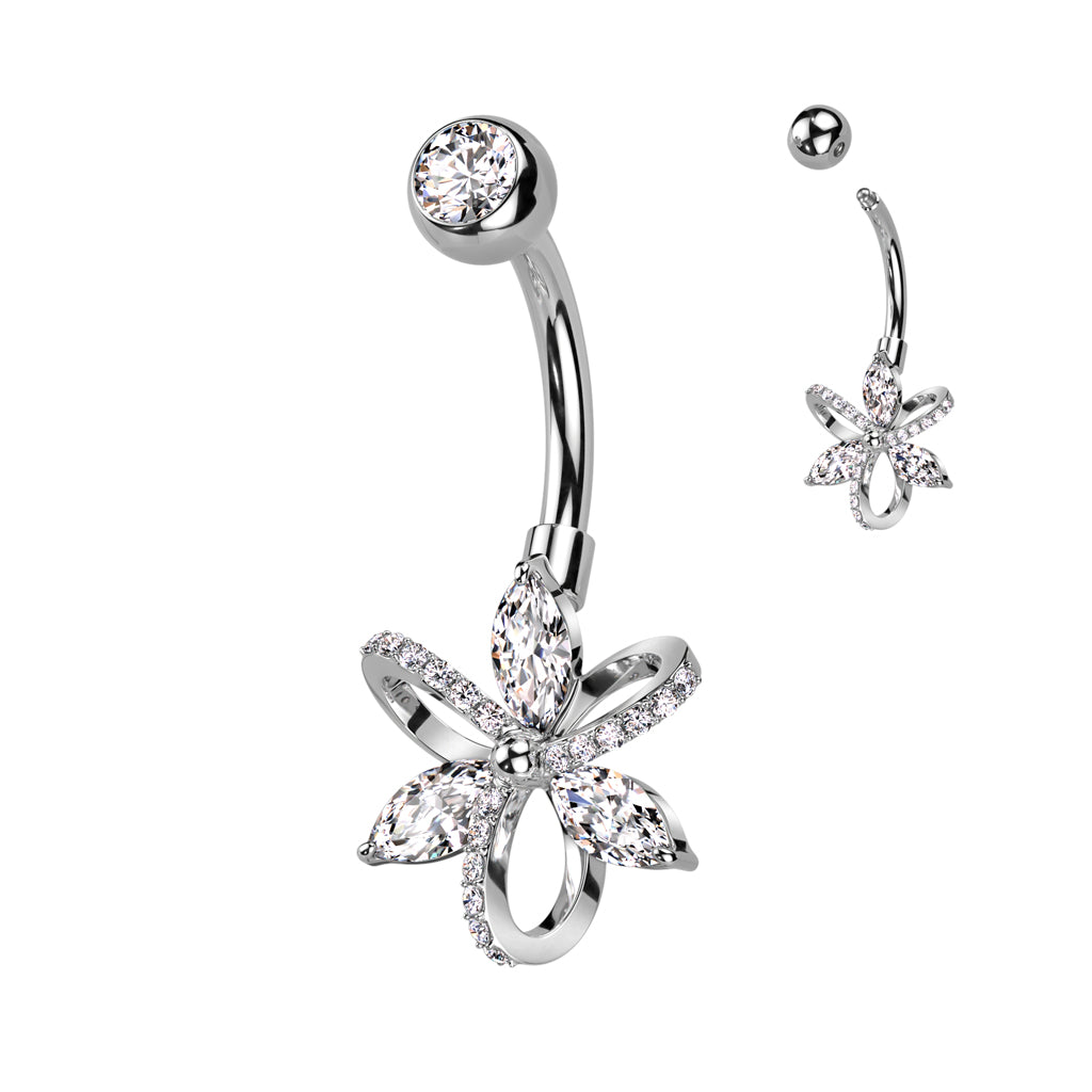 316L Surgical Steel Belly Ring With 3 Marquise CZ And 3 Hollow Pave CZ Petals - Clear
