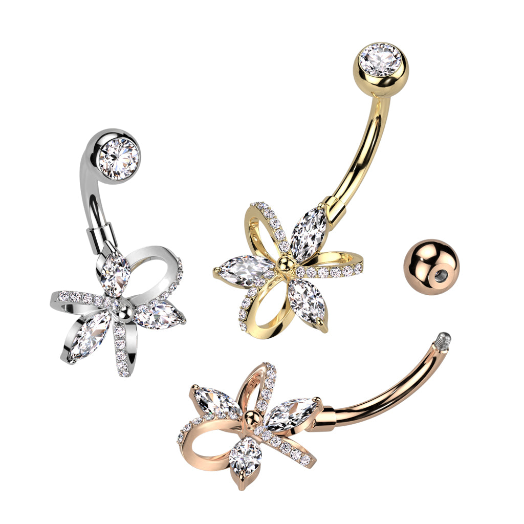 316L Surgical Steel Belly Ring With 3 Marquise CZ And 3 Hollow Pave CZ Petals - all colors