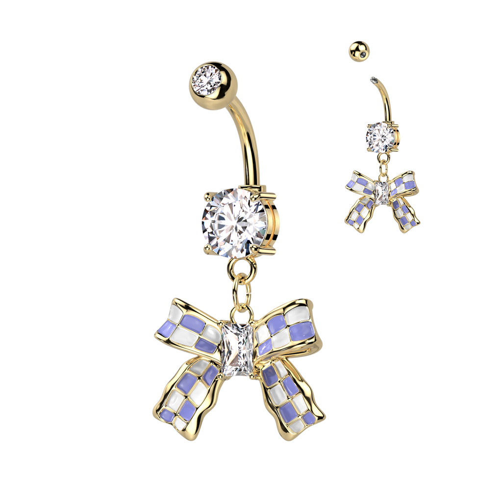 316L Surgical Steel Double CZ Belly Button Ring With Checkered Ribbon Dangle - Gold
