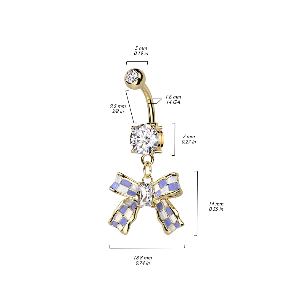 316L Surgical Steel Double CZ Belly Button Ring With Checkered Ribbon Dangle size chart