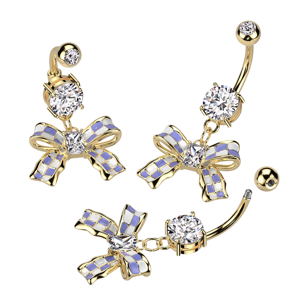 316L Surgical Steel Double CZ Belly Button Ring With Checkered Ribbon Dangle - all colors