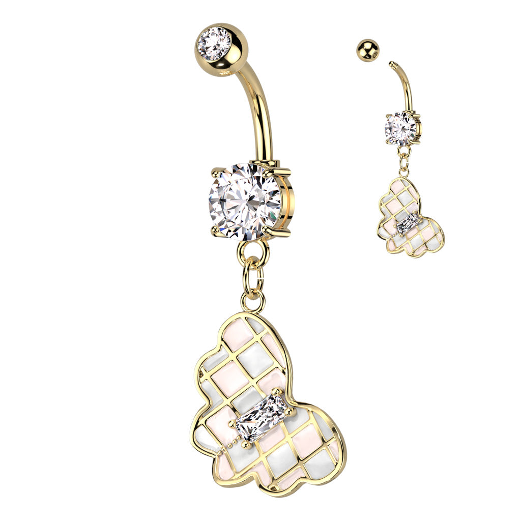 316L Surgical Steel Double CZ Checkered Butterfly Dangle With Prong Set Baguette CZ Belly Button Ring - Gold