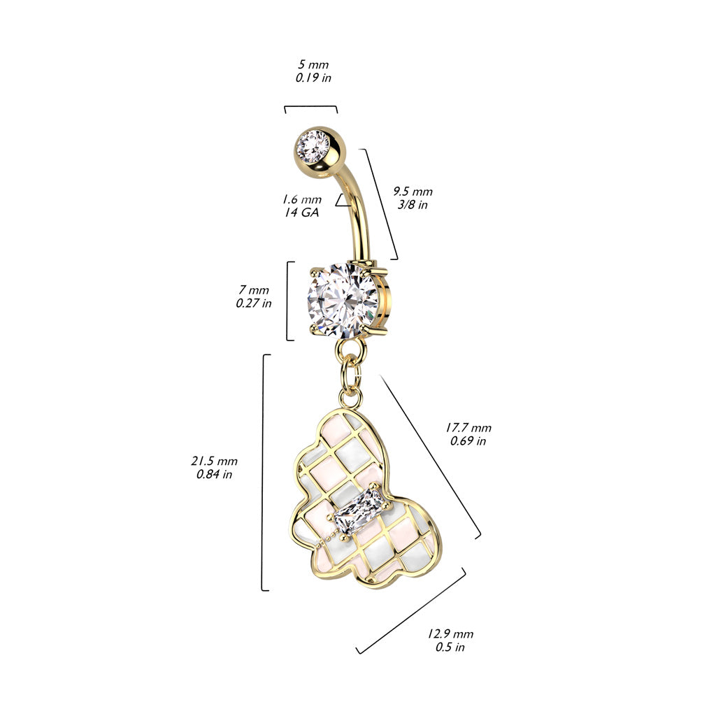 316L Surgical Steel Double CZ Checkered Butterfly Dangle With Prong Set Baguette CZ Belly Button Ring size chart