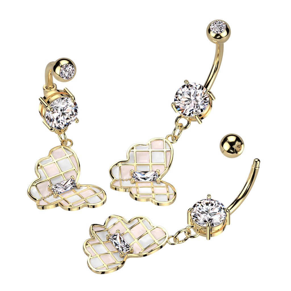 316L Surgical Steel Double CZ Checkered Butterfly Dangle With Prong Set Baguette CZ Belly Button Ring - all colors