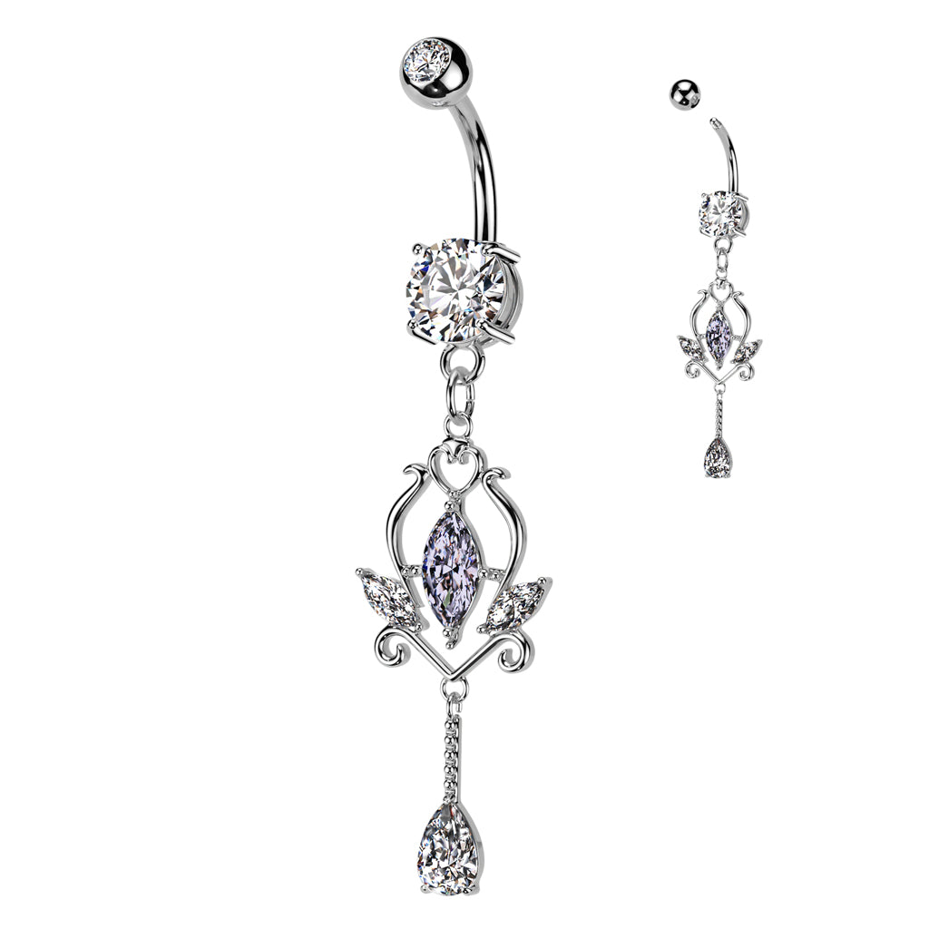 316L Surgical Steel Pressed Fit CZ Top and Round Prong Set CZ Bottom With Floral Marquise CZ Dangle - Clear