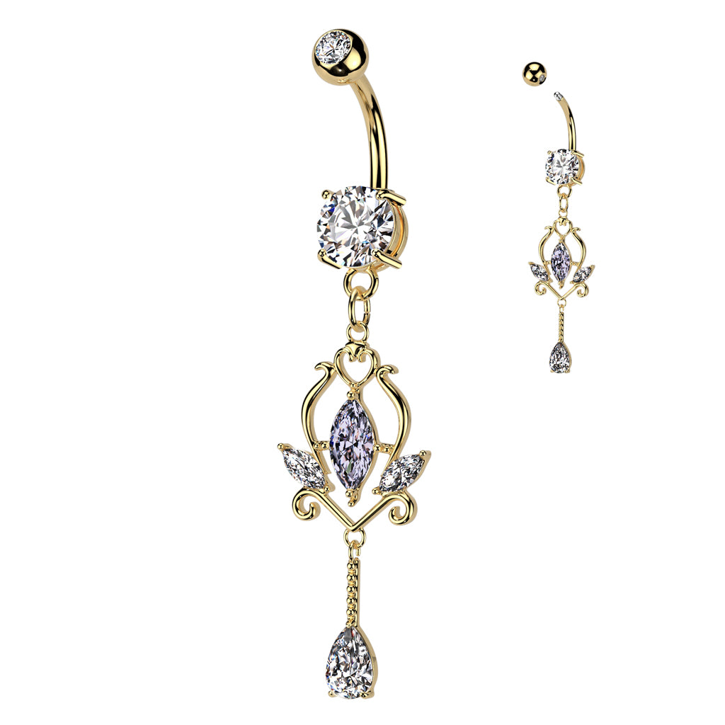316L Surgical Steel Pressed Fit CZ Top and Round Prong Set CZ Bottom With Floral Marquise CZ Dangle - Gold/Clear