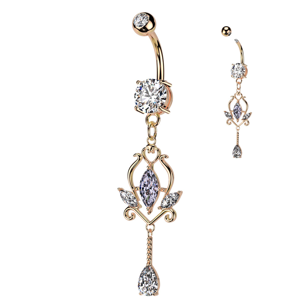 316L Surgical Steel Pressed Fit CZ Top and Round Prong Set CZ Bottom With Floral Marquise CZ Dangle - Rose Gold/Clear