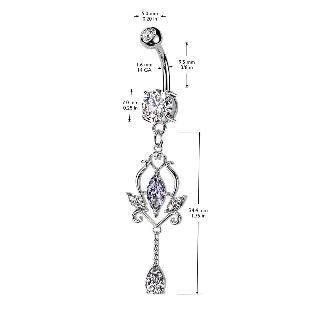 316L Surgical Steel Pressed Fit CZ Top and Round Prong Set CZ Bottom With Floral Marquise CZ Dangle size chart