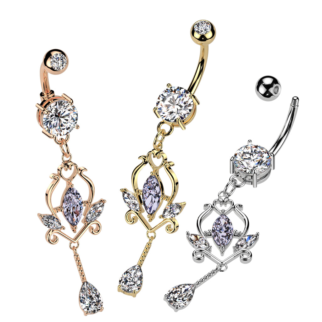316L Surgical Steel Pressed Fit CZ Top and Round Prong Set CZ Bottom With Floral Marquise CZ Dangle - all colors