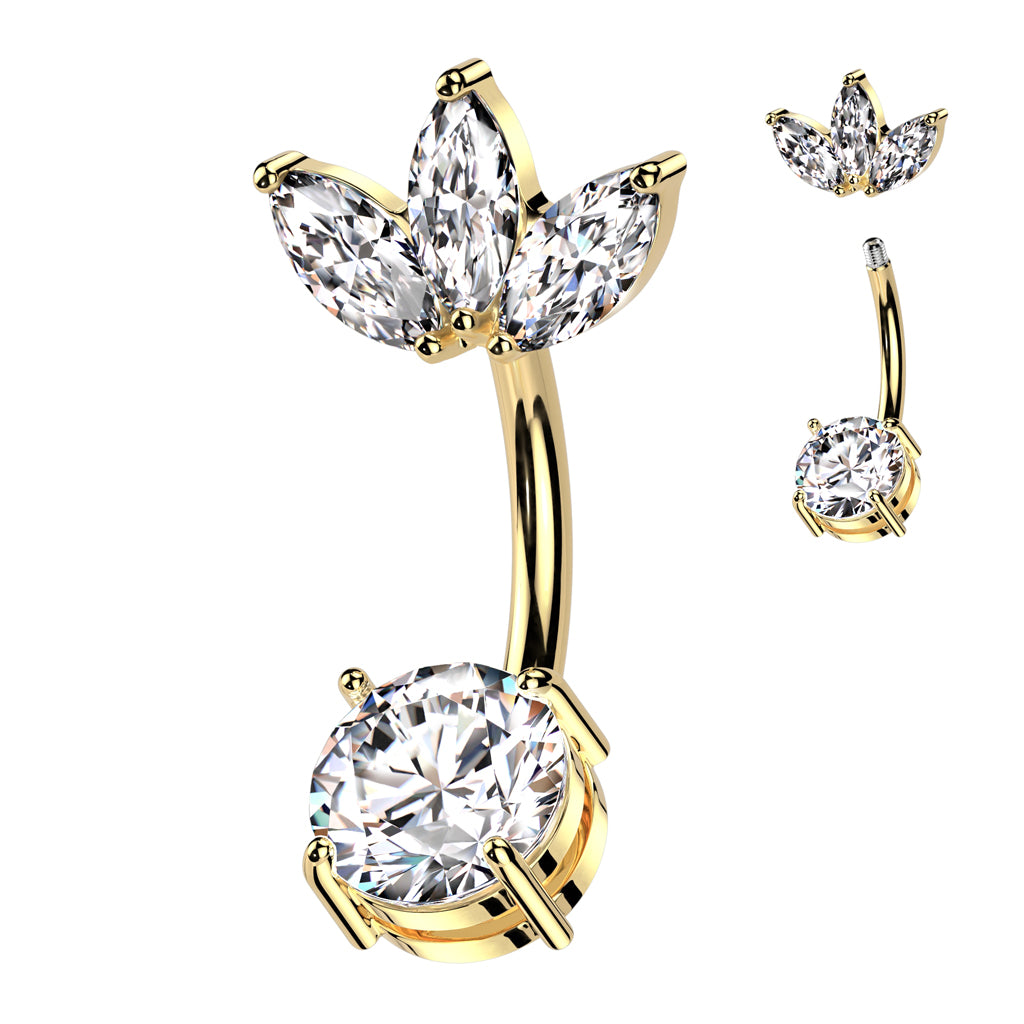 316L Surgical Steel Belly Ring With Prong Set CZ Bottom and 3 Marquise CZ Fan Top - Gold/Clear