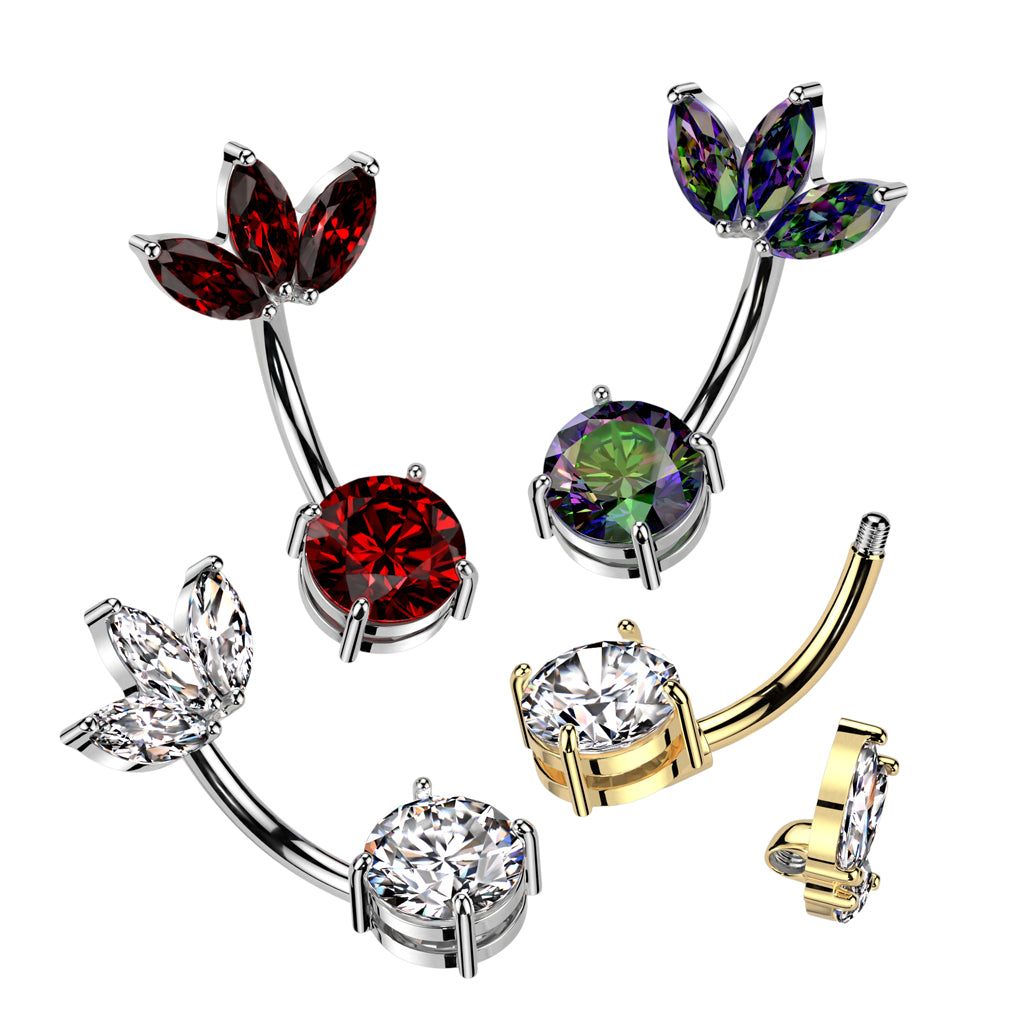 316L Surgical Steel Belly Ring With Prong Set CZ Bottom and 3 Marquise CZ Fan Top - all colors
