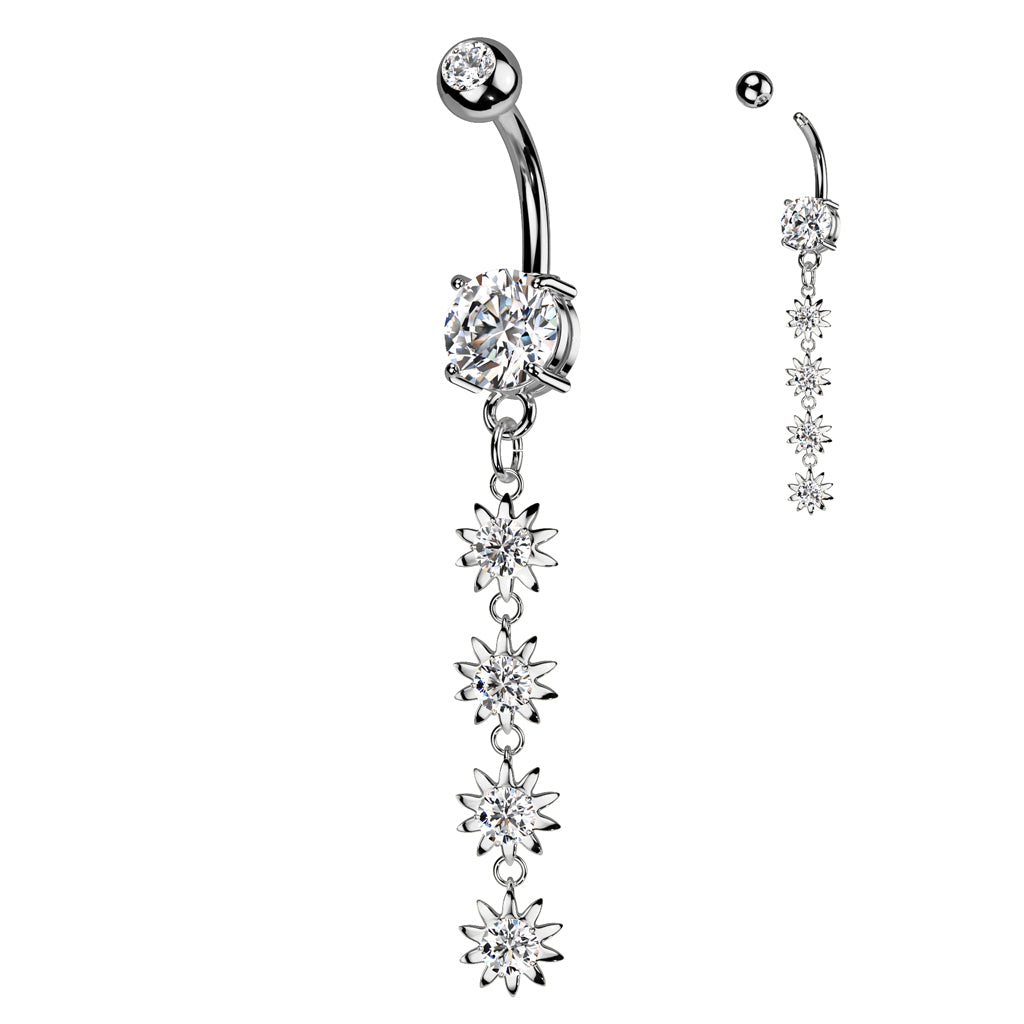 316L Surgical Steel 4 Flower Vertical Drop Prong Set CZ Dangle Belly Button Navel Ring - Clear