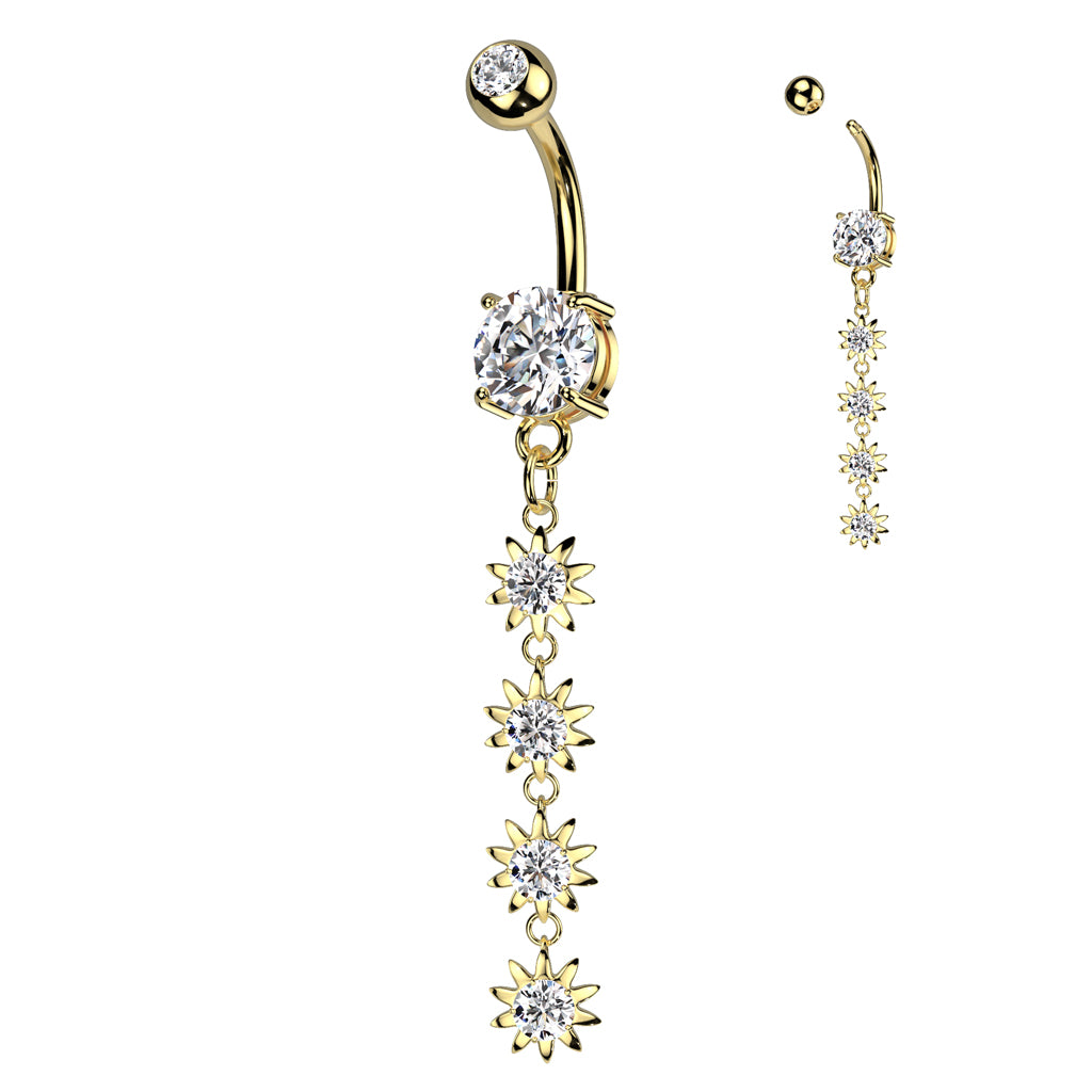 316L Surgical Steel 4 Flower Vertical Drop Prong Set CZ Dangle Belly Button Navel Ring - Gold/Clear