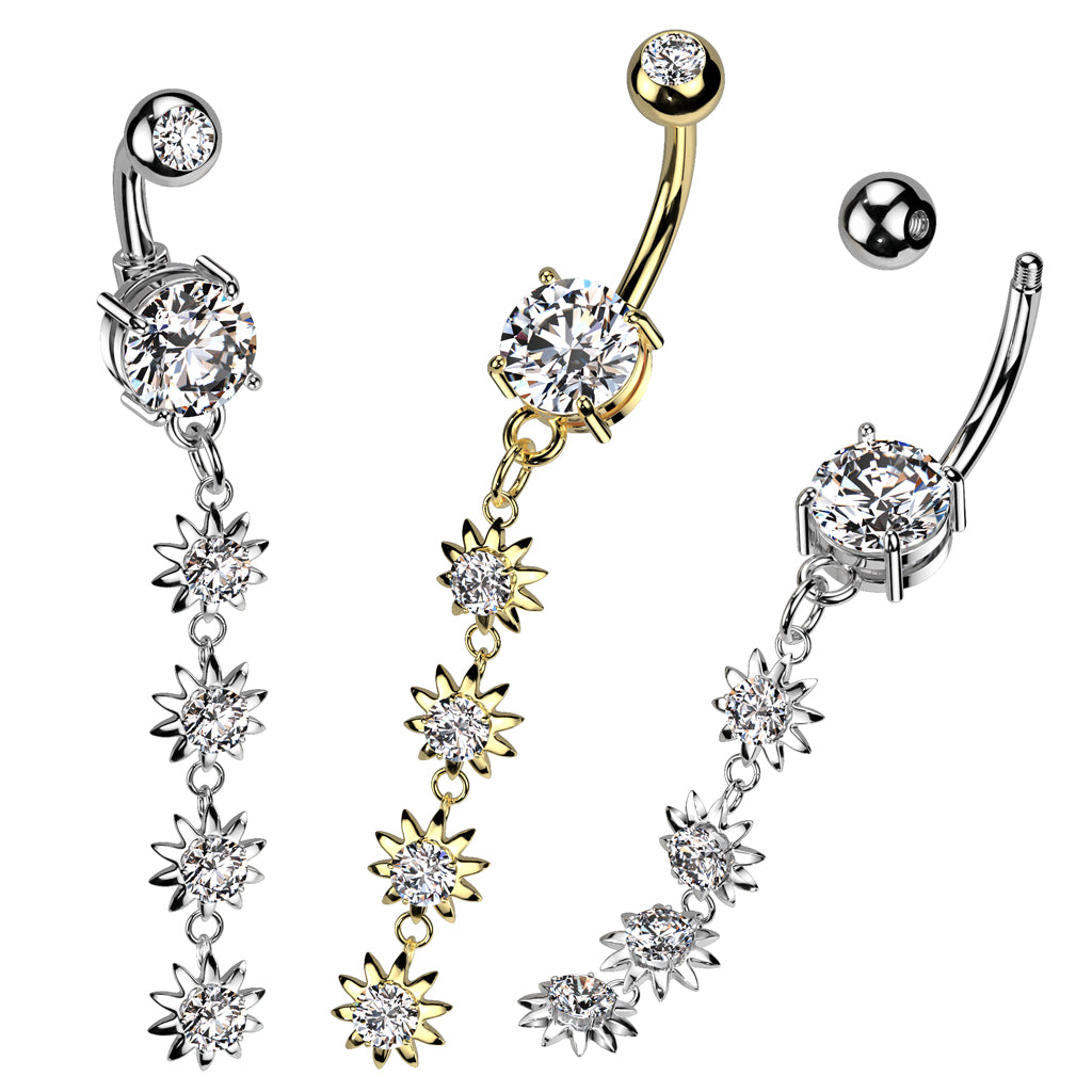 316L Surgical Steel 4 Flower Vertical Drop Prong Set CZ Dangle Belly Button Navel Ring - all colors