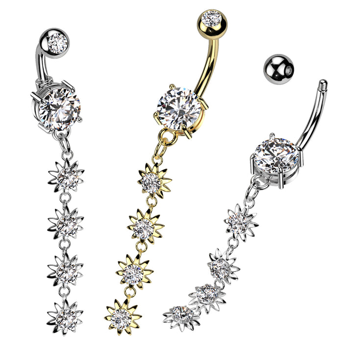 316L Surgical Steel 4 Flower Vertical Drop Prong Set CZ Dangle Belly Button Ring