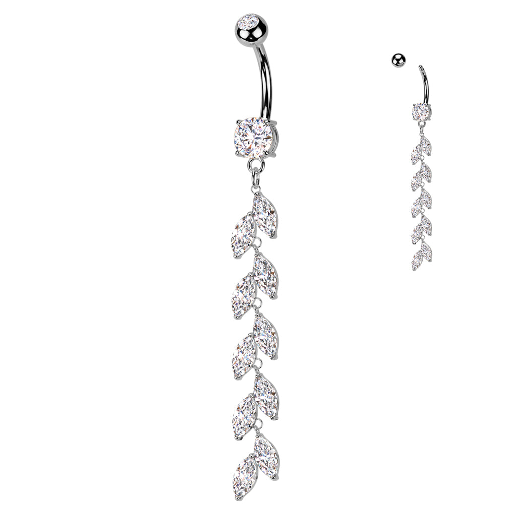 316L Surgical Steel Double Jeweled Belly Button Ring With Vertical Drop Marquise CZ Petals - Clear