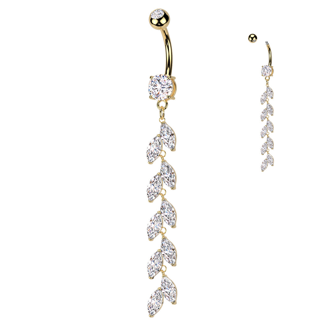 316L Surgical Steel Double Jeweled Belly Button Ring With Vertical Drop Marquise CZ Petals - Gold/Clear