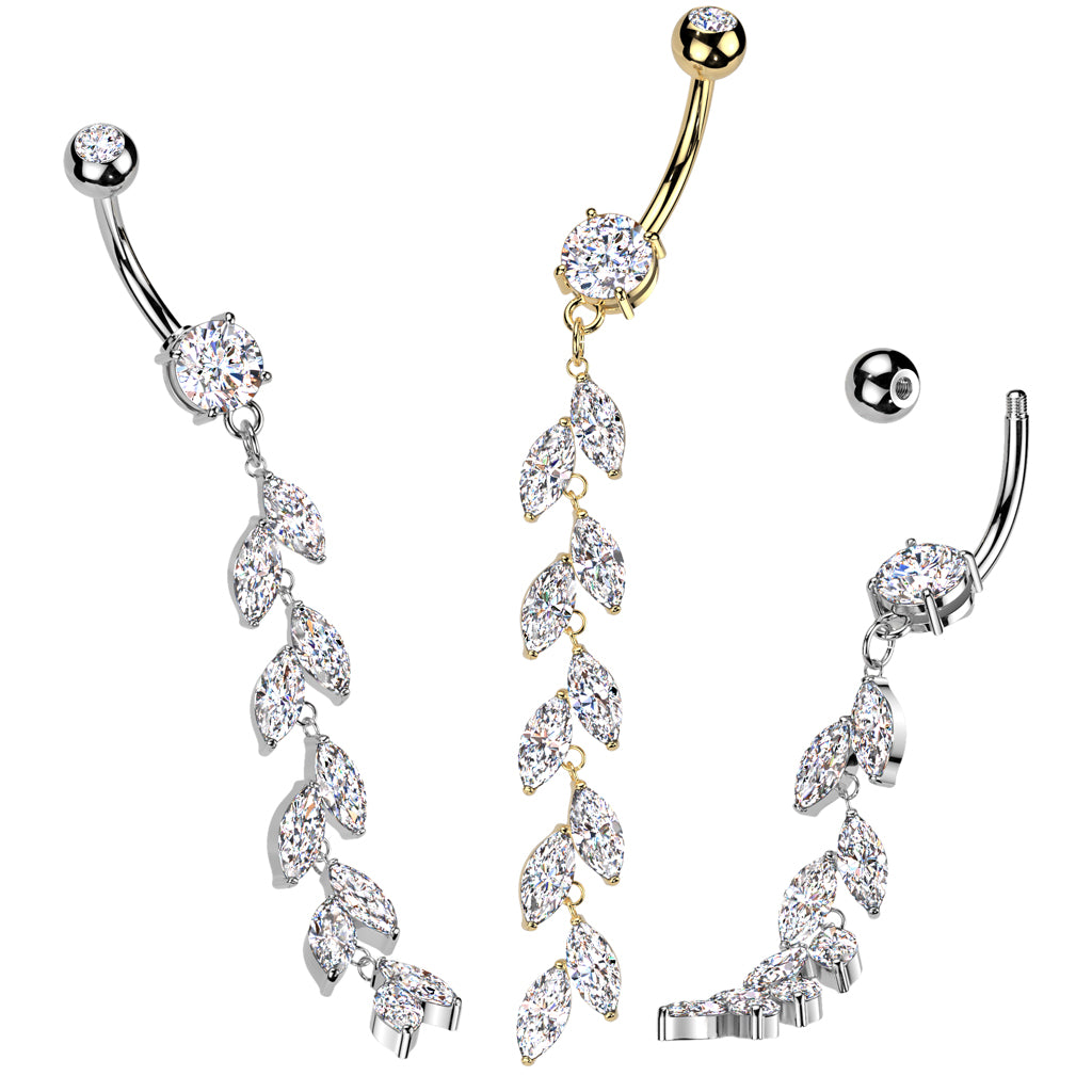 316L Surgical Steel Double Jeweled Belly Button Ring With Vertical Drop Marquise CZ Petals - all colors