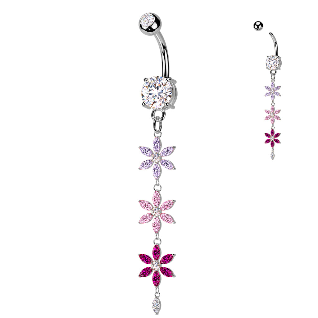 316L Surgical Steel Double Jeweled Belly Button Ring With Multicolored Triple CZ Flower Dangle - Clear