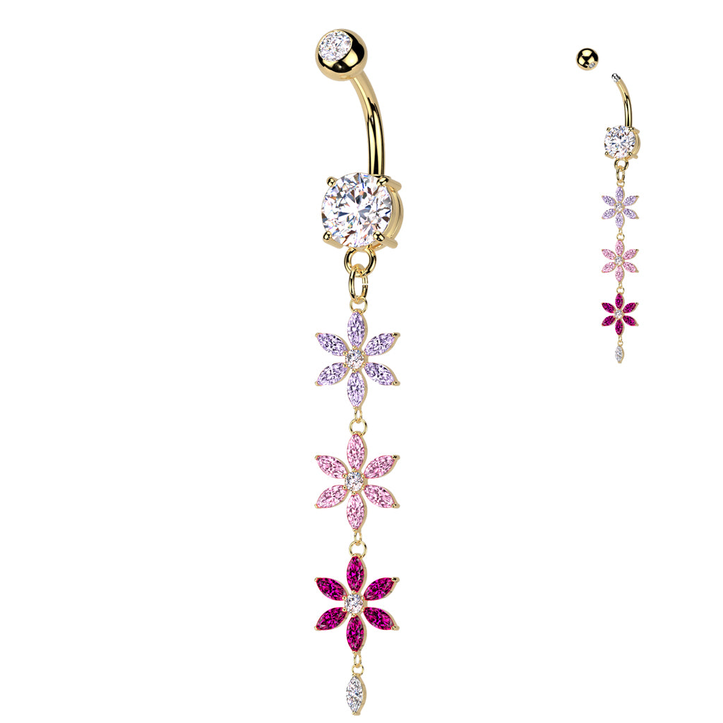 316L Surgical Steel Double Jeweled Belly Button Ring With Multicolored Triple CZ Flower Dangle - Gold/Clear