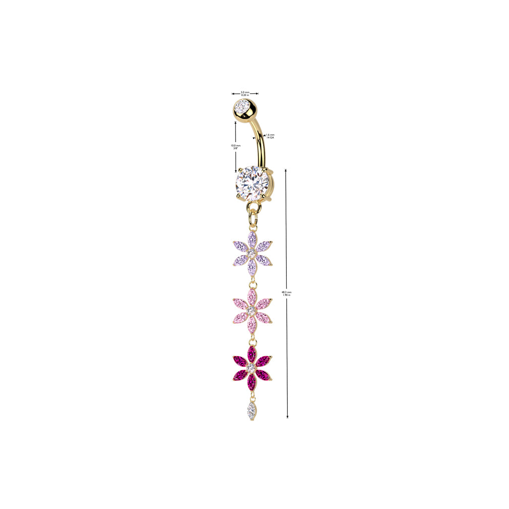 316L Surgical Steel Double Jeweled Belly Button Ring With Multicolored Triple CZ Flower Dangle size chart