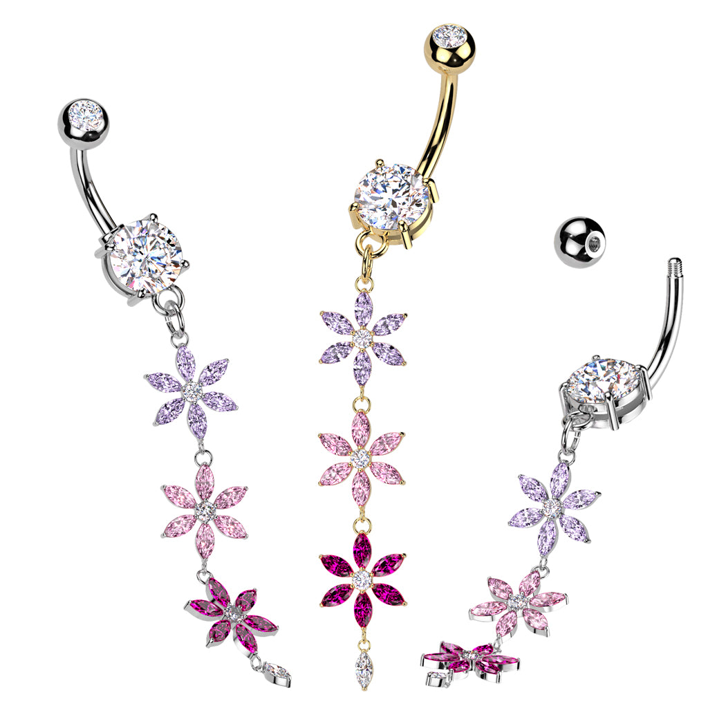 316L Surgical Steel Double Jeweled Belly Button Ring With Multicolored Triple CZ Flower Dangle - all colors
